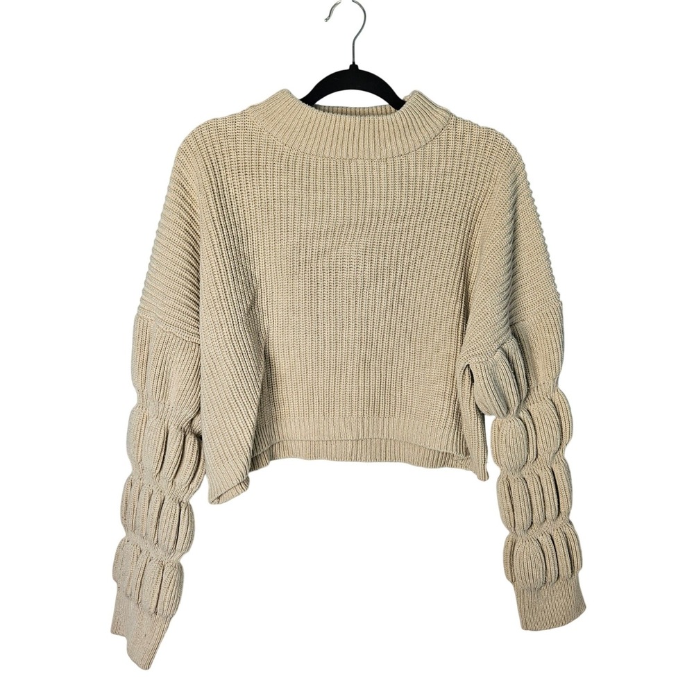Miou Muse Cream Mock Neck Bubble Sleeve Crop Sweater Womens Medium - Picture 2 of 7